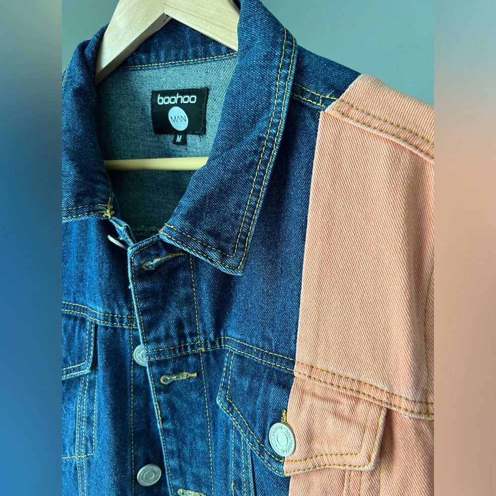 ASOS boohooMAN color block spliced denim jacket in blue wash - Picture 6 of 9